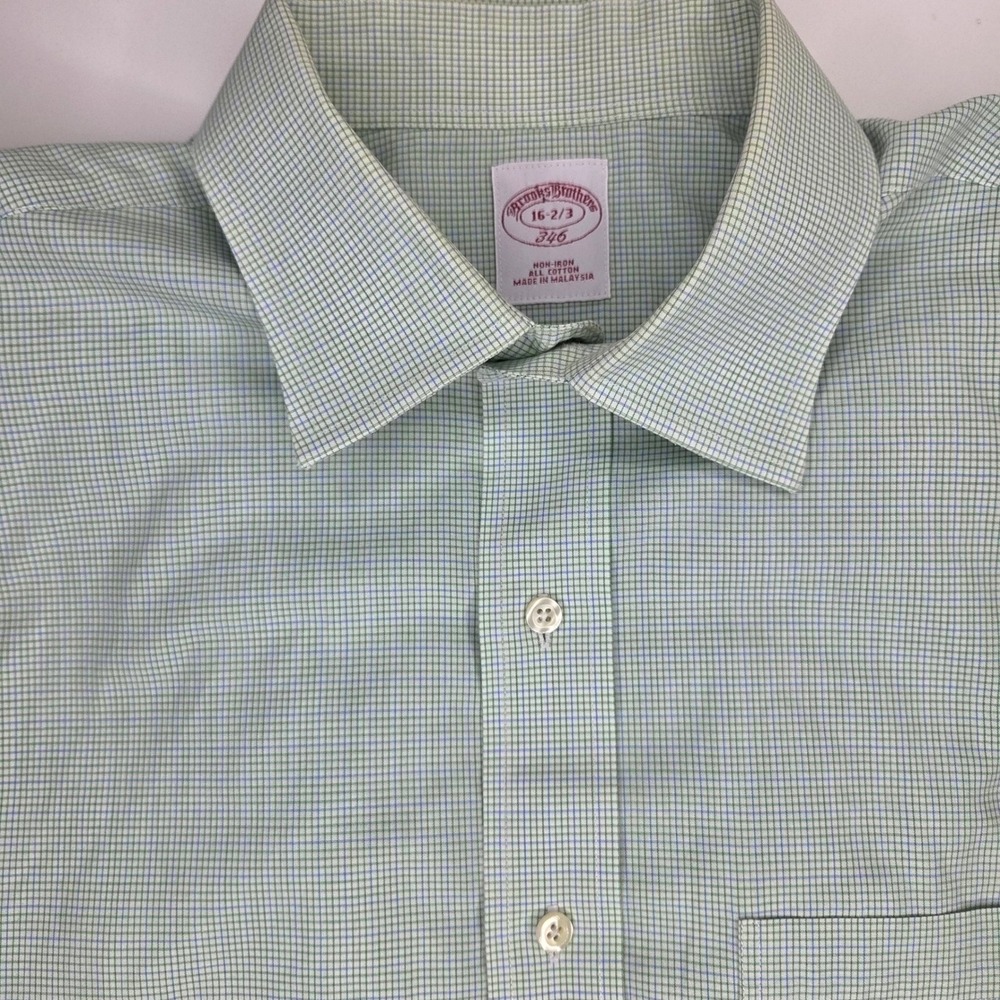 Brooks Brothers 346 Mens 16 2/3 Non-Iron Cotton Check Dress Shirt Green Blue